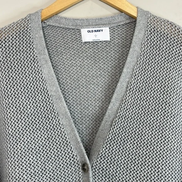 Old Navy Mesh Knit Cardigan Sweater Light Grey Cotton V-Neck Long Sleeve L - Picture 4 of 11